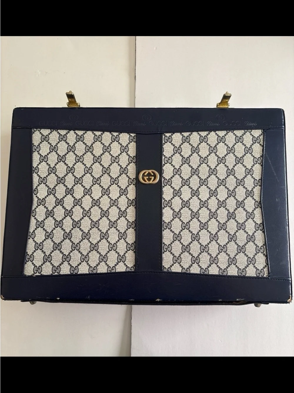 Authentic Gucci Monogram Canvas Top Handle Bag Briefcase in Navy & Beige
